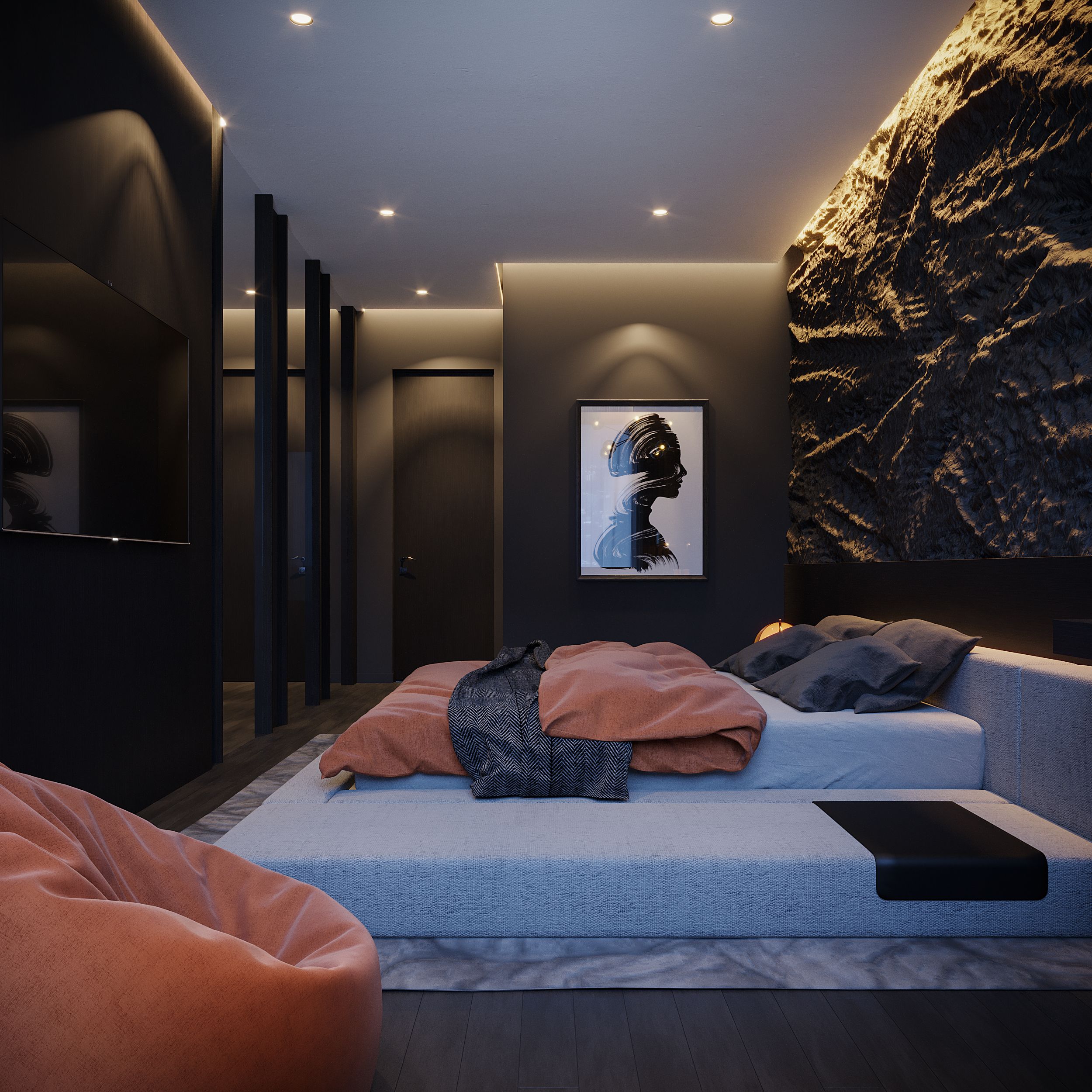 Contemporary bedroom featuring modern design elements, ambient lighting, and stylish decor.