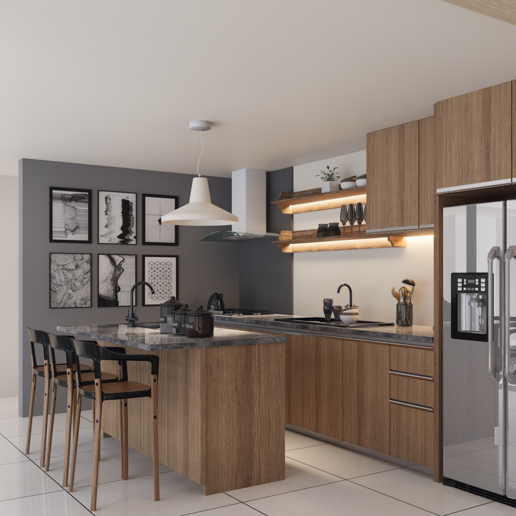 Modern kitchen with wooden cabinets and sleek interior design elements.