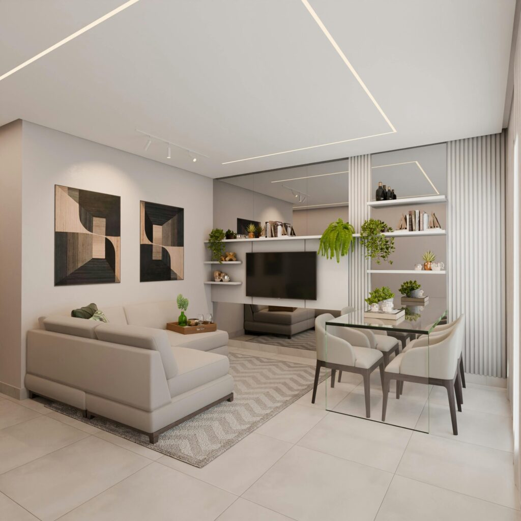 Stylish modern living room with minimalist decor, neutral tones, and green plants.
